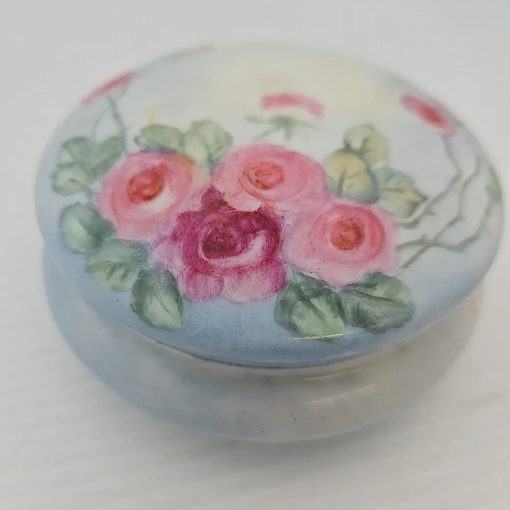 Vintage Austria Floral Flowers Powder Jar Trinket Dish‎ with Lid